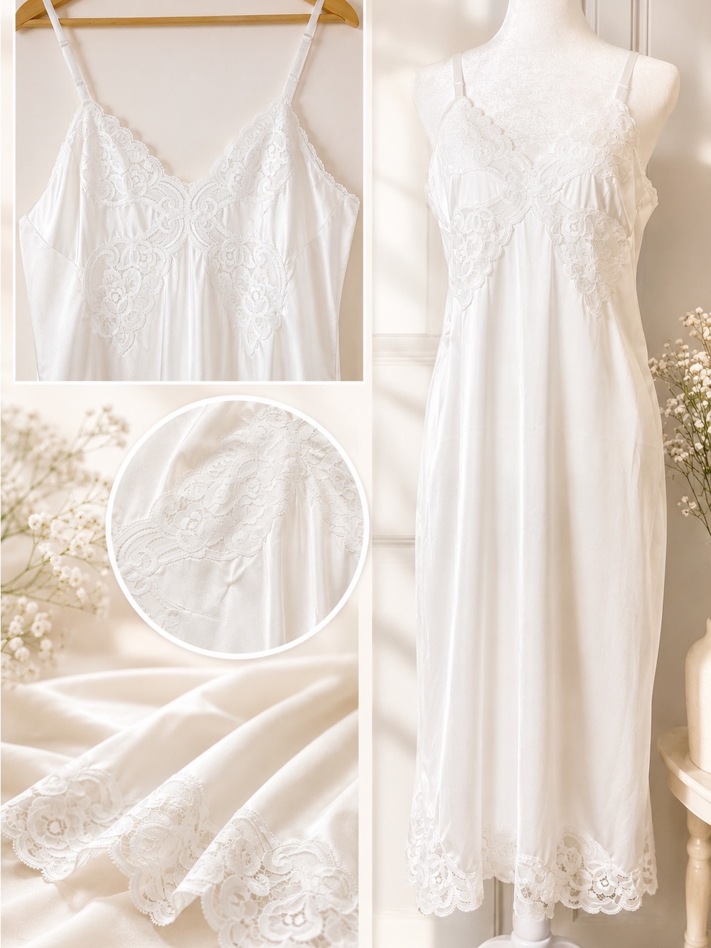 Vintage Vanity Fair White Silky Nylon Lace Trim Nightgown Tagged Size 36
